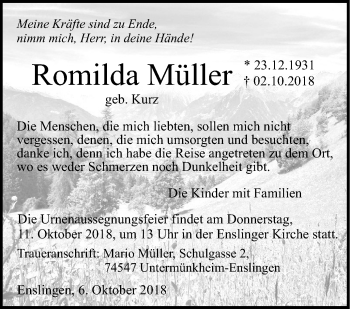 Traueranzeige von Romilda Müller von Haller Tagblatt