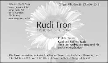 Traueranzeige von Rudi Tron von Geislinger Zeitung