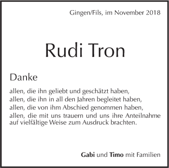 Traueranzeige von Rudi Tron von Geislinger Zeitung