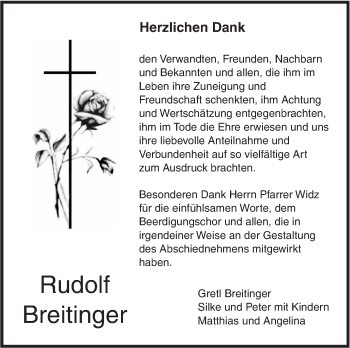 Traueranzeige von Rudolf Breitinger von SÜDWEST PRESSE Ausgabe Ulm/Neu-Ulm