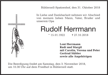 Traueranzeige von Rudolf Herrmann von Haller Tagblatt