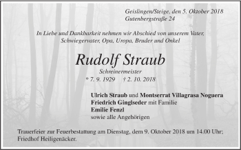 Traueranzeige von Rudolf Straub von Geislinger Zeitung