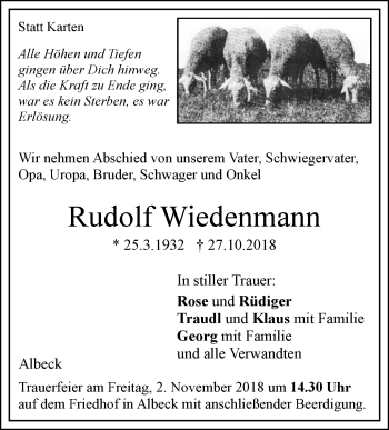 Traueranzeige von Rudolf Wiedenmann von SÜDWEST PRESSE Ausgabe Ulm/Neu-Ulm