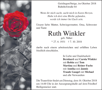 Traueranzeige von Ruth Winkler von Geislinger Zeitung