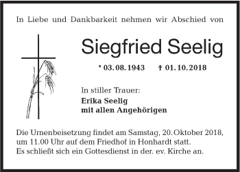 Traueranzeige von Siegfried Seelig von Hohenloher Tagblatt