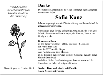 Traueranzeige von Sofia Kanz von Hohenzollerische Zeitung