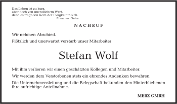 Traueranzeige von Stefan Wolf von Rundschau Gaildorf