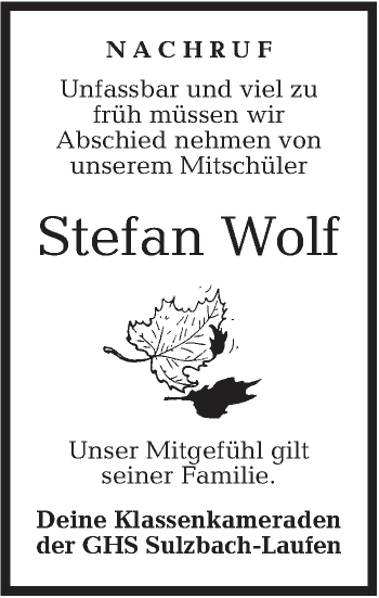 Traueranzeige von Stefan Wolf von Rundschau Gaildorf