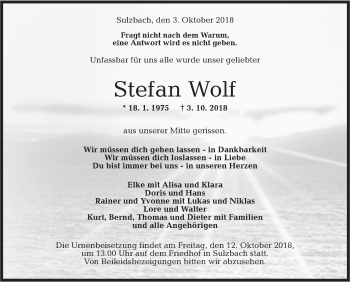 Traueranzeige von Stefan Wolf von Rundschau Gaildorf