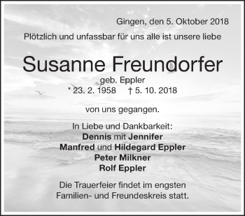 Traueranzeige von Susanne Freundorfer von NWZ Neue Württembergische Zeitung