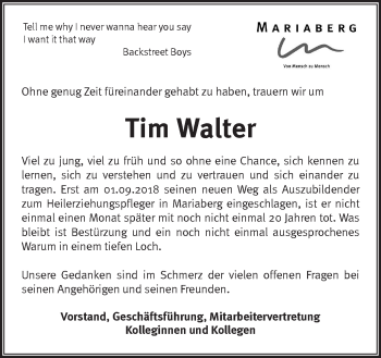 Traueranzeige von Tim Walter von Alb-Bote/Metzinger-Uracher Volksblatt