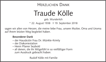 Traueranzeige von Traude Kölle von Alb-Bote/Metzinger-Uracher Volksblatt