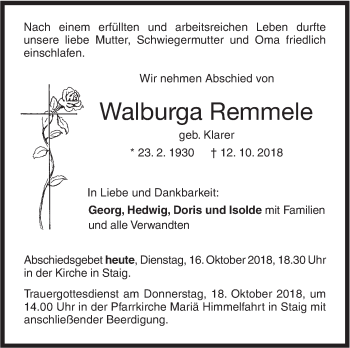 Traueranzeige von Walburga Remmele von SÜDWEST PRESSE Ausgabe Ulm/Neu-Ulm