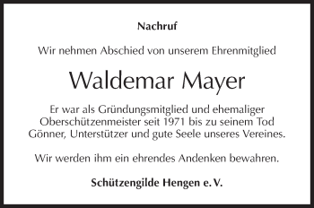 Traueranzeige von Waldemar Mayer von Metzinger-Uracher Volksblatt