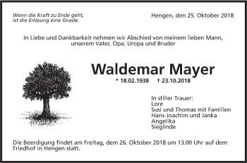 Traueranzeige von Waldemar Mayer von Metzinger-Uracher Volksblatt