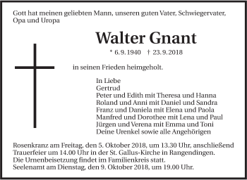 Traueranzeige von Walter Gnant von Hohenzollerische Zeitung