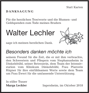 Traueranzeige von Walter Lechler von Hohenloher Tagblatt