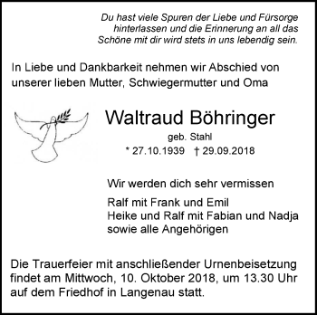 Traueranzeige von Waltraud Böhringer von SÜDWEST PRESSE Ausgabe Ulm/Neu-Ulm