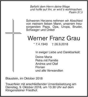 Traueranzeige von Werner Franz Grau von SÜDWEST PRESSE Ausgabe Ulm/Neu-Ulm