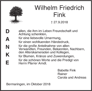 Traueranzeige von Wilhelm Friedrich Fink von SÜDWEST PRESSE Ausgabe Ulm/Neu-Ulm