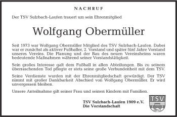 Traueranzeige von Wolfgang Obermüller von Rundschau Gaildorf