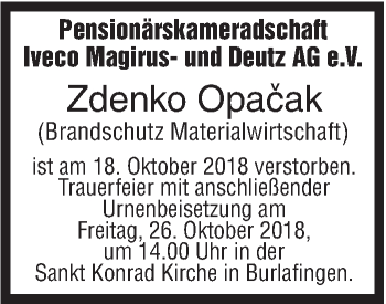 Traueranzeige von Zdenko Opacak von SÜDWEST PRESSE Ausgabe Ulm/Neu-Ulm