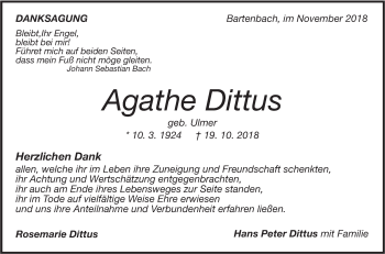 Traueranzeige von Agathe Dittus von NWZ Neue Württembergische Zeitung