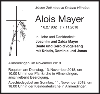 Traueranzeige von Alois Mayer von Ehinger Tagblatt