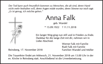 Traueranzeige von Anna Falk von Haller Tagblatt