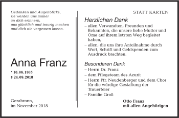 Traueranzeige von Anna Franz von Hohenloher Tagblatt