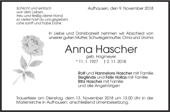 Traueranzeige von Anna Hascher von Geislinger Zeitung