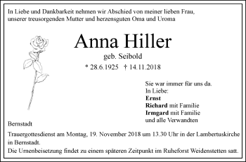 Traueranzeige von Anna Hiller von SÜDWEST PRESSE Ausgabe Ulm/Neu-Ulm