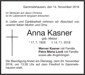 Traueranzeige von Anna Kasner von NWZ Neue Württembergische Zeitung