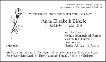 Traueranzeige von Anna Elisabeth Birzele von Illertal Bote