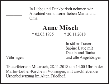 Traueranzeige von Anne Mösch von SÜDWEST PRESSE Ausgabe Ulm/Neu-Ulm