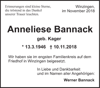 Traueranzeige von Anneliese Bannack von NWZ Neue Württembergische Zeitung