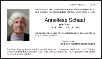 Traueranzeige von Anneliese Schaaf von Rundschau Gaildorf