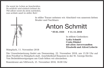 Traueranzeige von Anton Schmitt von Hohenloher Tagblatt