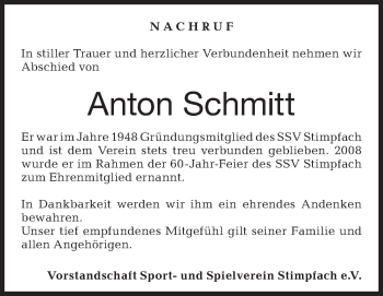 Traueranzeige von Anton Schmitt von Hohenloher Tagblatt