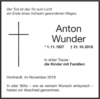 Traueranzeige von Anton Wunder von Hohenloher Tagblatt