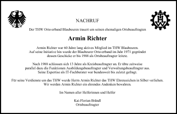 Traueranzeige von Armin Richter von SÜDWEST PRESSE