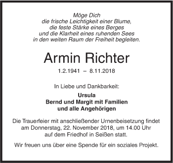 Traueranzeige von Armin Richter von SÜDWEST PRESSE