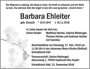 Traueranzeige von Barbara Ehleiter von Haller Tagblatt