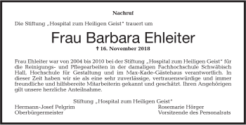 Traueranzeige von Barbara Ehleiter von Haller Tagblatt