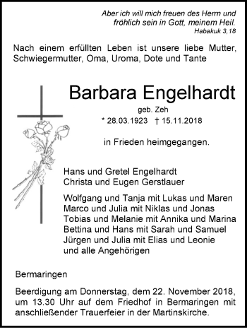 Traueranzeige von Barbara Engelhardt von SÜDWEST PRESSE Ausgabe Ulm/Neu-Ulm