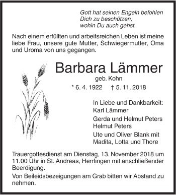 Traueranzeige von Barbara Lämmer von SÜDWEST PRESSE Ausgabe Ulm/Neu-Ulm