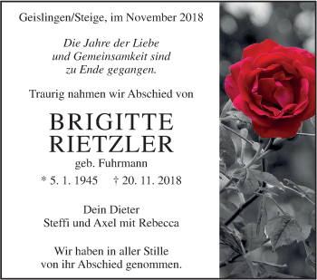 Traueranzeige von Brigitte Rietzler von Geislinger Zeitung