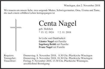 Traueranzeige von Centa Nagel von NWZ Neue Württembergische Zeitung