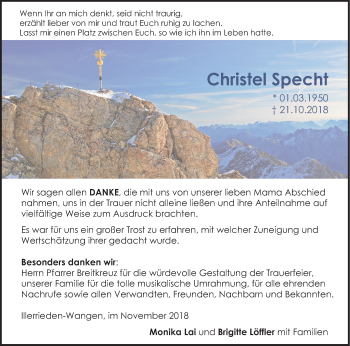 Traueranzeige von Christel Specht von SÜDWEST PRESSE Ausgabe Ulm/Neu-Ulm