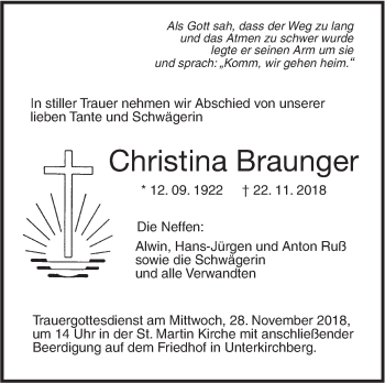 Traueranzeige von Christina Braunger von SÜDWEST PRESSE Ausgabe Ulm/Neu-Ulm